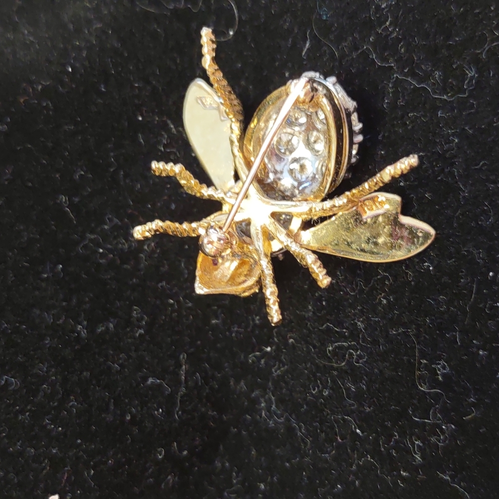 Diamond Bee pin brooch Ruby eyes, 18k yellow gold, Herbert Rosenthal Natural - Picture 14 of 15